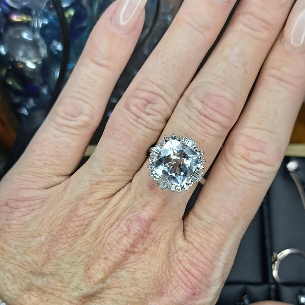 Natural Topaz Halo Ring In 925 Sterling Silver.